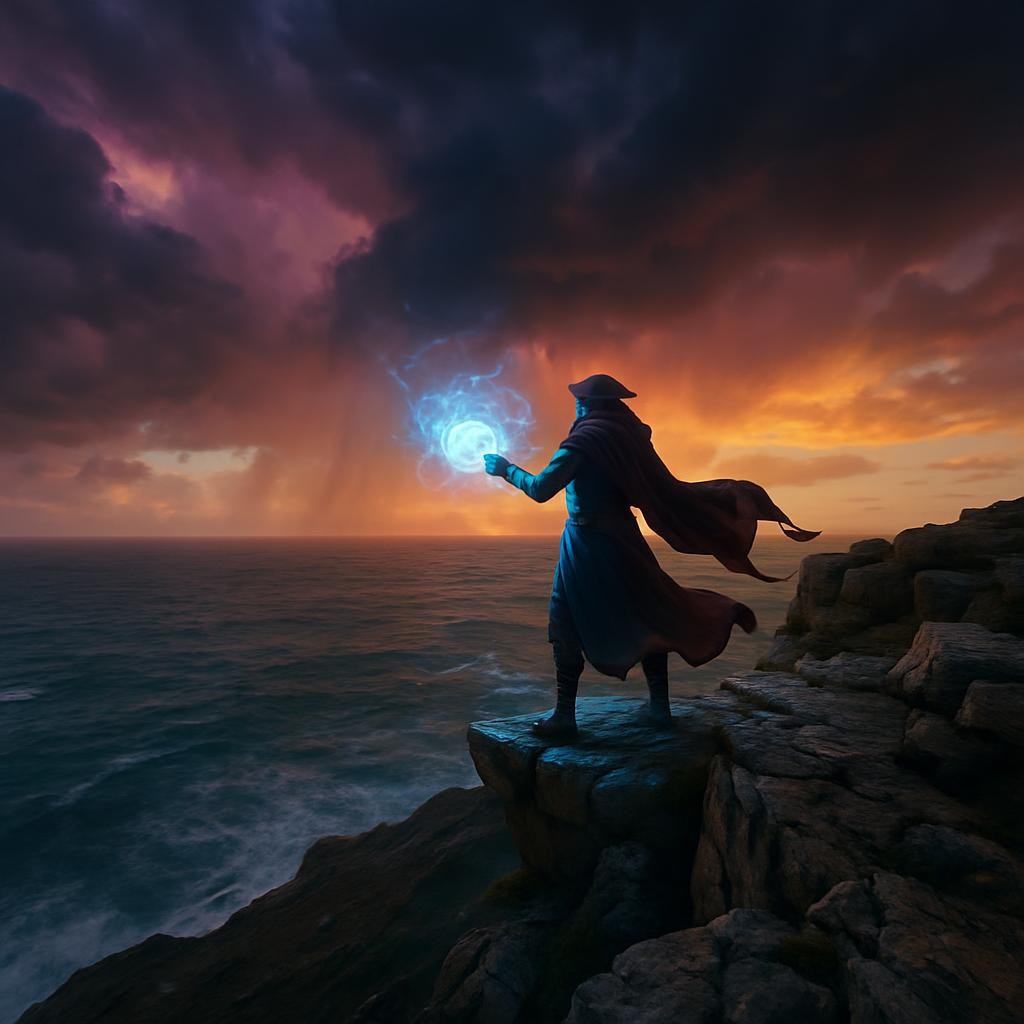 Person standing on rocky cliff overlooking stormy ocean at sunset